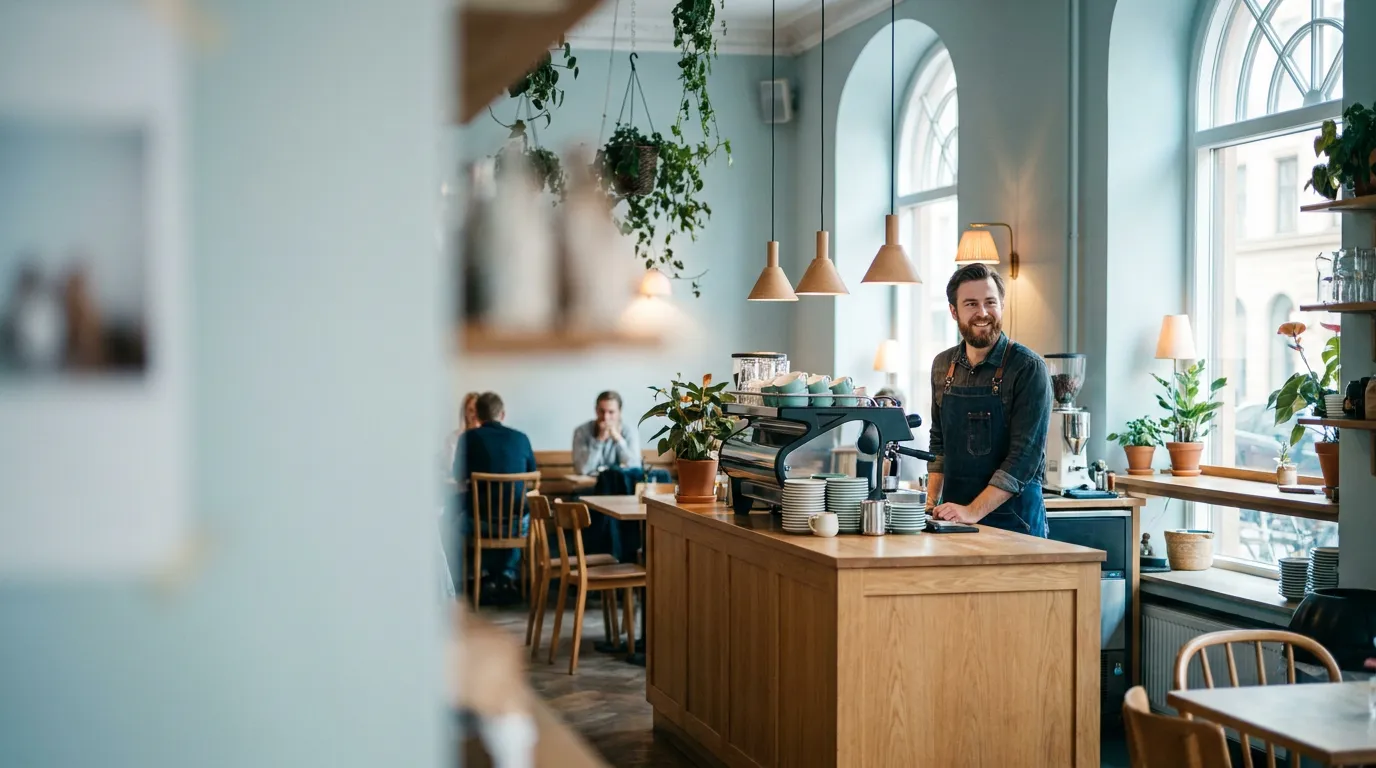 Barista behind the counter in a bright, modern café
